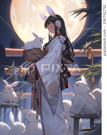 A rabbit and a girl looking at the moon on a full moon night 106792792
