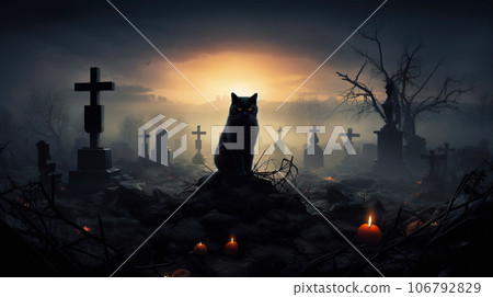 Black cat in the cemetery on Halloween night. 106792829
