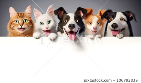 Funny dogs and cats over a white banner. Funny dogs and cats over a white banner. 106792839