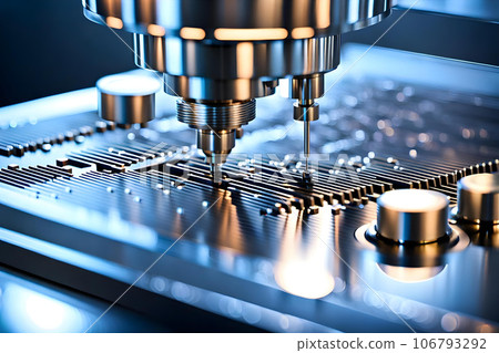 Illustration a close up of a machine working on a laser microprocessor chip 106793292