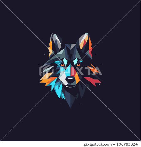 Colorful polygonal wolf head mascot logo, abstract geometric animal portrait in modern futuristic style with luminous colors. Versatile brand symbol for modern tech companies. Vector logo. 106793324