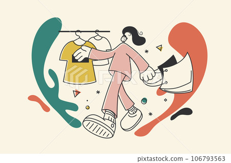 Shopping concept with people scene in flat retro design for web. Woman with bags makes purchase at seasonal sales at store, shop, mall. Vector illustration for social media banner, marketing material. 106793563