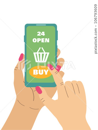 woman presses the buy button on the smartphone 106793609