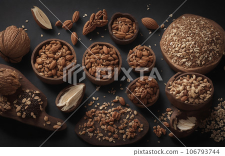 Different types of nuts in wooden bowls on a black background Different types of nuts in wooden bowls on a black background 106793744