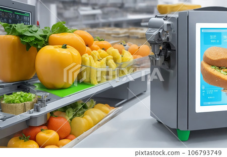 Fruit and vegetables on a conveyor belt at a food factory 106793749