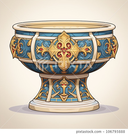 Cartoon baptismal font with design and symbolic significance in Christian baptism 106793888