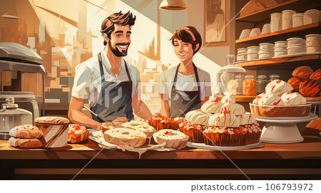 Baker work at Bakery shop ,flat style , AI generated 106793972