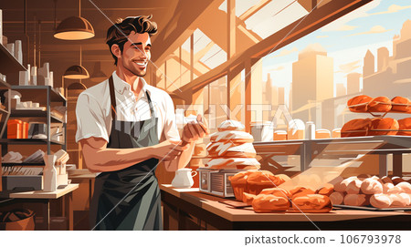 Baker work at Bakery shop ,flat style , AI generated 106793978