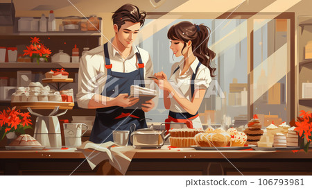 Baker work at Bakery shop ,flat style , AI generated 106793981