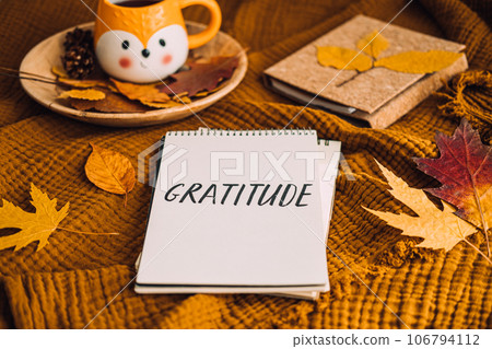 How to Practice Gratitude. Writing Autumn fall gratitude journal. Open paper notebook pages with Text gratitude and fall leaves brown bed. Notice appreciate good things, Express gratitude to yourself. 106794112
