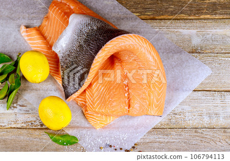 Delicious salmon fillet fresh organic raw prepared for cooking 106794113