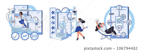 Application testing metaphor. Vector illustration. App test, necessary drill to ensure smooth user journey Software testing, unsung hero ensuring every line of code functions as intended Application Application testing metaphor. Vector illustration. App test, necessary drill to ensure smooth user journey Software testing, unsung hero ensuring every line of code functions as intended Application 106794482