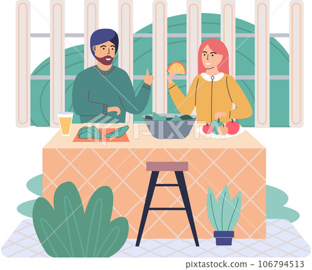 People cooking vegetarian food. Vector illustration. Man and woman with children preparing food for dinner. People cooking. Husband and wife are preparing together. Indian man and woman in the kitchen People cooking vegetarian food. Vector illustration. Man and woman with children preparing food for dinner. People cooking. Husband and wife are preparing together. Indian man and woman in the kitchen 106794513