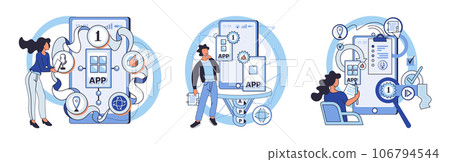 Application testing metaphor. Vector illustration. Software testing, debugging process that enhances code quality Application testing, safety measure ensuring softwares seamless functioning App test Application testing metaphor. Vector illustration. Software testing, debugging process that enhances code quality Application testing, safety measure ensuring softwares seamless functioning App test 106794544