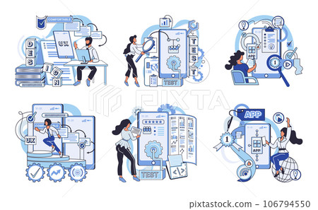Application testing metaphor. Vector illustration. Software testing, guardiangel of code that eliminates bugs Application testing, essential ritual before software meets its users App test, necessary 106794550