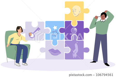 Dialog between male psychologist, psychoanalyst or psychotherapist and patient. Psychotherapy, psychotherapeutic aid for adults. Mental therapy session, correction of patients behavior and emotions 106794561