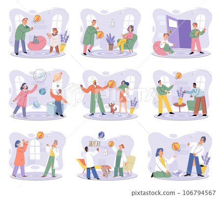 Game together. Family fun. Friendship time. Vector illustration. Board games foster communication skills and encourage strategic thinking Engaging in game with friends brings out playful side in Game together. Family fun. Friendship time. Vector illustration. Board games foster communication skills and encourage strategic thinking Engaging in game with friends brings out playful side in 106794567