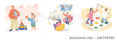 Game together. Family fun. Friendship time. Vector illustration. Family time dedicated to playing games time well spent Board games serve as bridge between generations, connecting young and old Game together. Family fun. Friendship time. Vector illustration. Family time dedicated to playing games time well spent Board games serve as bridge between generations, connecting young and old 106794568