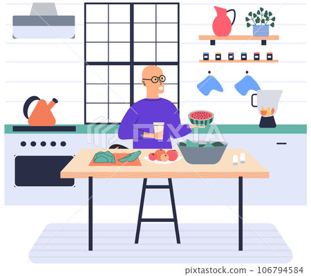 People cooking vegetarian food. Vector illustration. Fresh vegetables, organic food, natural products. Smiling man cooking homemade meals in small cozy kitchen. Father preparing dinner on big stove People cooking vegetarian food. Vector illustration. Fresh vegetables, organic food, natural products. Smiling man cooking homemade meals in small cozy kitchen. Father preparing dinner on big stove 106794584