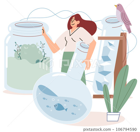 Scientists conducts research to study nature, makes laboratory analysis. Idea of education, botany, microbiology. Biologists study structure of plants, conduct experiments. Biological research 106794590