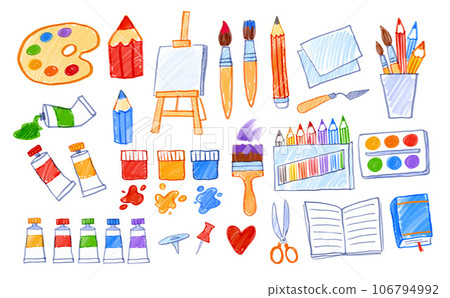 Illustrations collection of child drawings of art supplies Illustrations collection of child drawings of art supplies 106794992