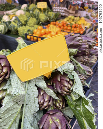 blank price tag on fresh artichoke vegetables in market blank price tag on fresh artichoke vegetables in market 106795990