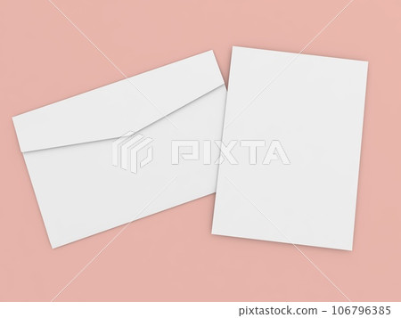 Envelope and sheet of A4 paper on a pink background. 106796385