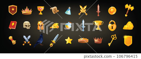 Game icon set, UI dungeon and dragon RPG badge kit, vector medieval magic warrior collection.  106796415