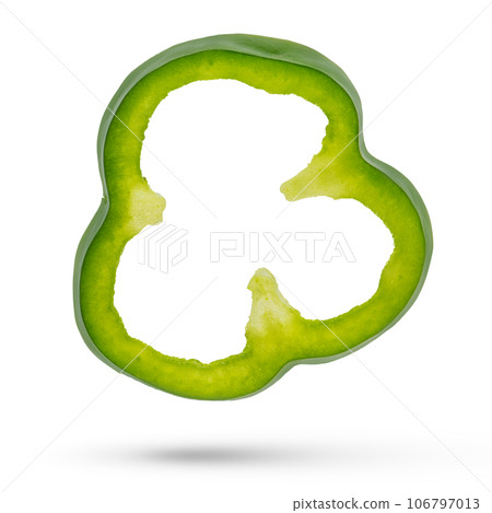 Green paprika cloves on a white isolated background close-up. Paprika of different sizes fall, casting a shadow, for insertion into a design or project Green paprika cloves on a white isolated background close-up. Paprika of different sizes fall, casting a shadow, for insertion into a design or project 106797013