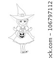 Sweet witch standing with pumpkin - isolated character, coloring book 106797112