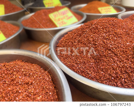 red pepper and spices in a market red pepper and spices in a market 106797243
