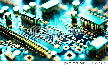 Illustration a close up of a machine working on a microcircuit microprocessor chip Illustration a close up of a machine working on a microcircuit microprocessor chip 106797384