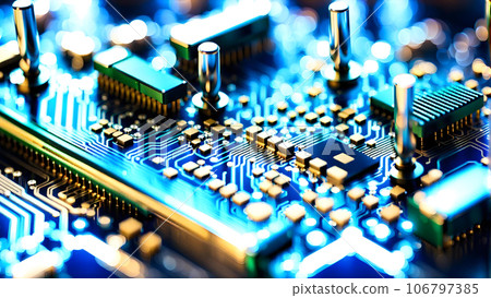 Illustration a close up of a machine working on a microcircuit microprocessor chip 106797385