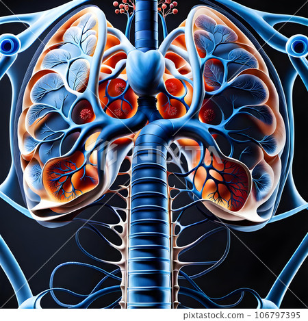 3D medical health illustration of a person's torso and lungs 106797395