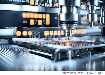 Illustration a close up of a machine working on a laser microprocessor chip Illustration a close up of a machine working on a laser microprocessor chip 106797409