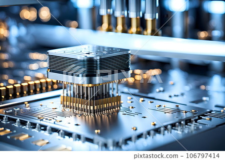 Illustration a close up of a machine working on a laser microprocessor chip Illustration a close up of a machine working on a laser microprocessor chip 106797414