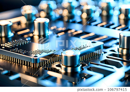 Illustration a close up of a machine working on a laser microprocessor chip Illustration a close up of a machine working on a laser microprocessor chip 106797415