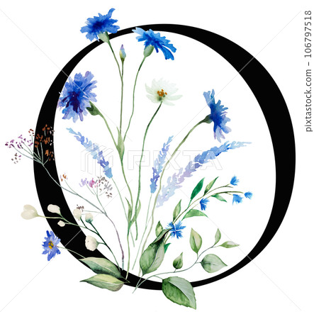 Black letter O with watercolor blue cornflowers and wildflowers bouquet, Summer wedding element Black letter O with watercolor blue cornflowers and wildflowers bouquet, Summer wedding element 106797518