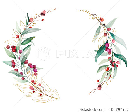Christmas frame with watercolor twigs with green leaves and red berries. Holidays design Illustration Christmas frame with watercolor twigs with green leaves and red berries. Holidays design Illustration 106797522