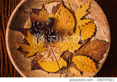 Autumn fall brown earthy tones background with dry maple leaves in round plate. 106797621