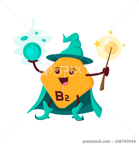 Cartoon vitamin B2 wizard character. Vector funny riboflavin capsule sorcerer personage holding magical staff and energy ball. Isolated positive micronutrient pill wearing long witch cloak and pointed 106797644