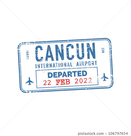 Cancun departed visa, travel by plane, passport travel stamp of Mexico. Vector vintage insignia, international mexican airport seal sign 106797654