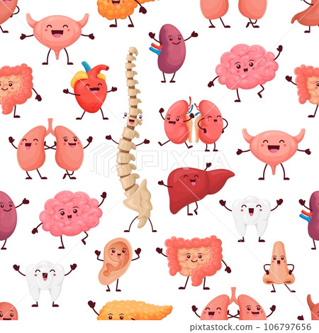 Human organ characters seamless pattern. Vector background with lungs, heart, nose, teeth or liver, intestines, brain, ear, spine and thymus gland or bladder funny anatomical personages of human body Human organ characters seamless pattern. Vector background with lungs, heart, nose, teeth or liver, intestines, brain, ear, spine and thymus gland or bladder funny anatomical personages of human body 106797656