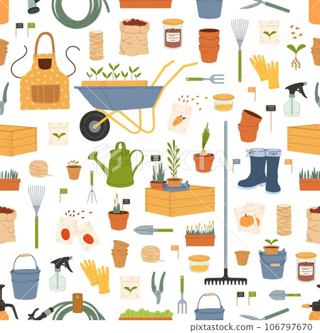 Farm and gardening tools seamless pattern. Agriculture vector background with garden plants and farming equipment. Cartoon flowers, rake and wheelbarrow, boots, gloves, watering can and hose backdrop Farm and gardening tools seamless pattern. Agriculture vector background with garden plants and farming equipment. Cartoon flowers, rake and wheelbarrow, boots, gloves, watering can and hose backdrop 106797670