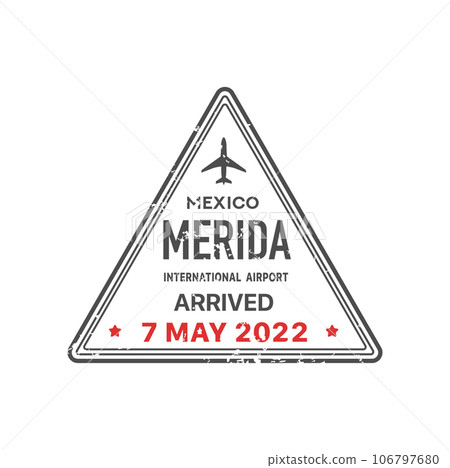 Merida departed visa, international airport sign, passport travel stamp to Mexico. Vintage insignia of Latin American country, travel border control 106797680