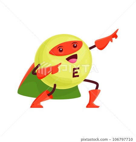 Cartoon vitamin E superhero character. Vector tocopherol micronutrient defender, comics book personage posing in cape and mask. Ball or dragee supplement, fantasy super hero medical bubble 106797710