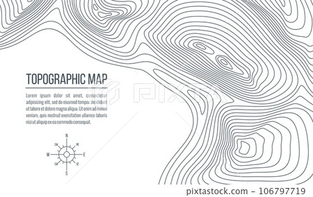 Topographic map. Grid, relief contour lines of abstract terrain, vector background of topography, cartography and geography themes. Topo map with vintage compass wind rose and isoline curves pattern Topographic map. Grid, relief contour lines of abstract terrain, vector background of topography, cartography and geography themes. Topo map with vintage compass wind rose and isoline curves pattern 106797719