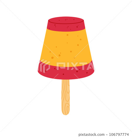 Glazed frozen fruit juice icecream glaze on stick in red and yellow colors. Vector refreshing ice-cream, sweet glossy popsicle fruity sundae dairy snack 106797774