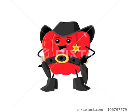Cartoon wild west sheriff bell pepper vegetable character. Isolated vector bold and courageous red paprika wear distinctive hat and star badge, ready to protect veggies town from any spicy trouble Cartoon wild west sheriff bell pepper vegetable character. Isolated vector bold and courageous red paprika wear distinctive hat and star badge, ready to protect veggies town from any spicy trouble 106797779
