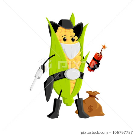 Cartoon wild west corn cob robber or bandit character. Isolated vector Explosive maize cob ranger personage with money sack, armed with gun and dynamite, ready to bring a fiery twist to any adventure Cartoon wild west corn cob robber or bandit character. Isolated vector Explosive maize cob ranger personage with money sack, armed with gun and dynamite, ready to bring a fiery twist to any adventure 106797787
